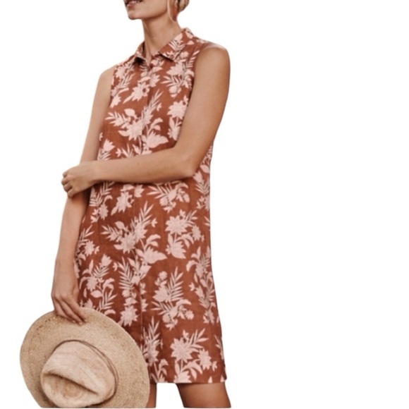 Garnet Hill Dresses & Skirts - Garnet Hill | Women’s Brown Floral Linen Sleeveless Button Down Dress Size 10